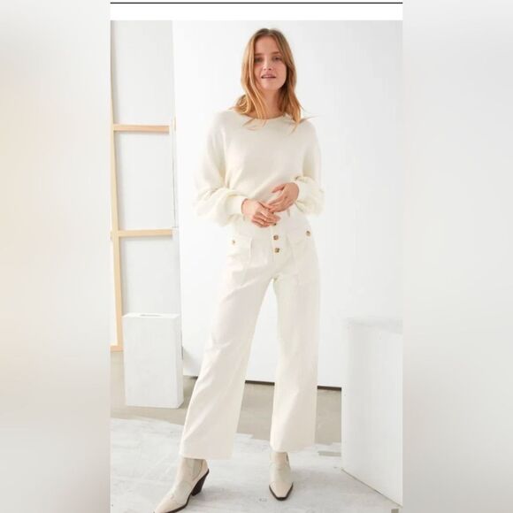 & OTHER STORIES Organic Cotton  White Corduroy Wide-Leg Pants Button High Rise 6 - Picture 1 of 13